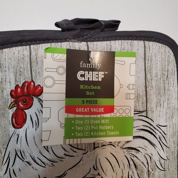 Rooster decor Kitchen Set, 5-pc, Towels Potholders Mitt, French Country Chicken - Picture 4 of 5